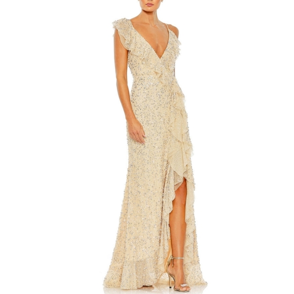 MAC DUGGAL Embellished Ruffled FAUX Wrap Sleeveless Gown Size 8